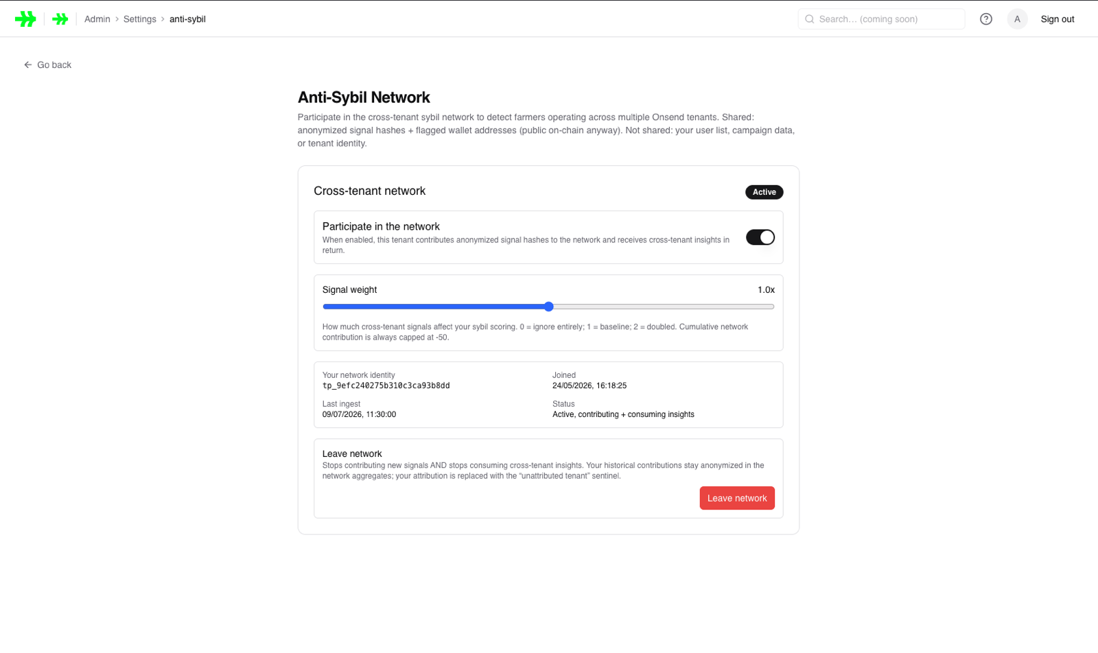OnSend's cross-tenant Anti-Sybil Network settings in the admin dashboard.